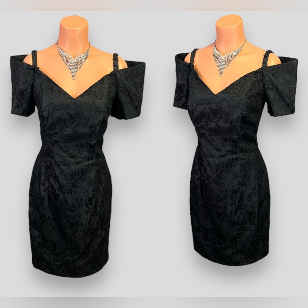 Little Vintage 80s Black Floral Lace Off The Shoulder Party Prom Dress 12
